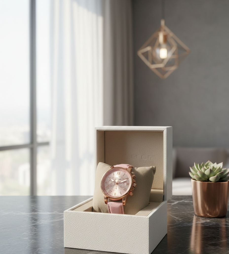 Luxurious Rose Gold Chronograph Look Watch | Blush Pink Strap & Double Crystal Bezel