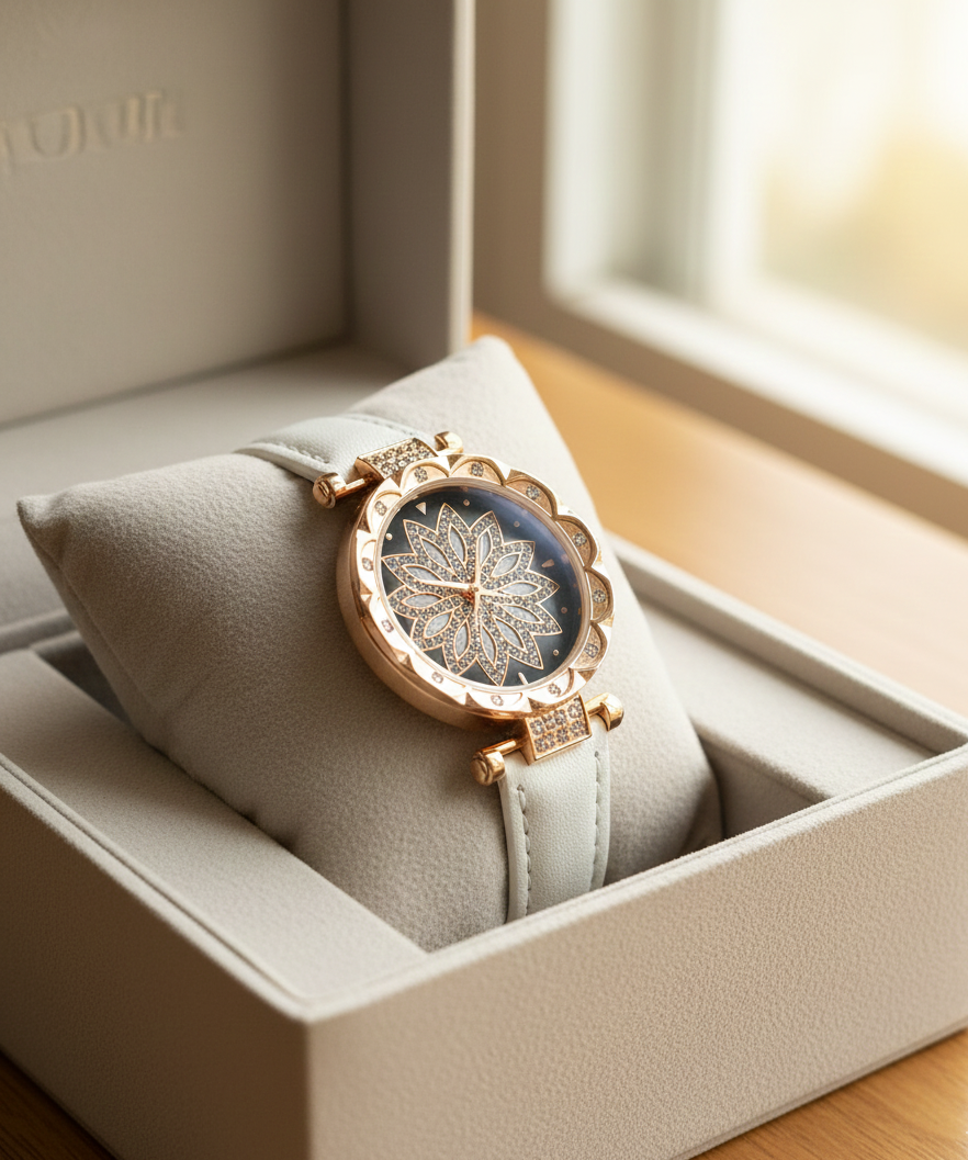 Luxurious Rose Gold Crystal Flower Watch | Full Rhinestone Pave Bracelet for Women