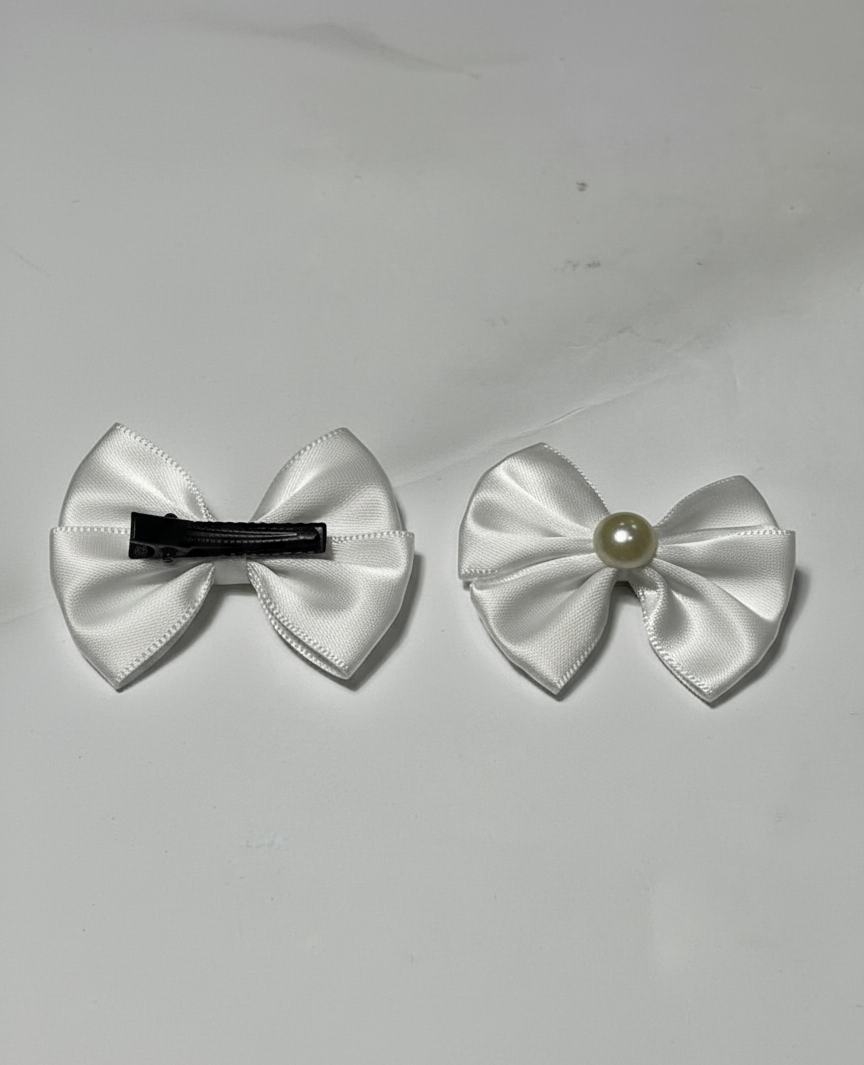 2-Pack White Satin Bow Hair Clips for Girls/Women | Elegant Pearl Detail Hair