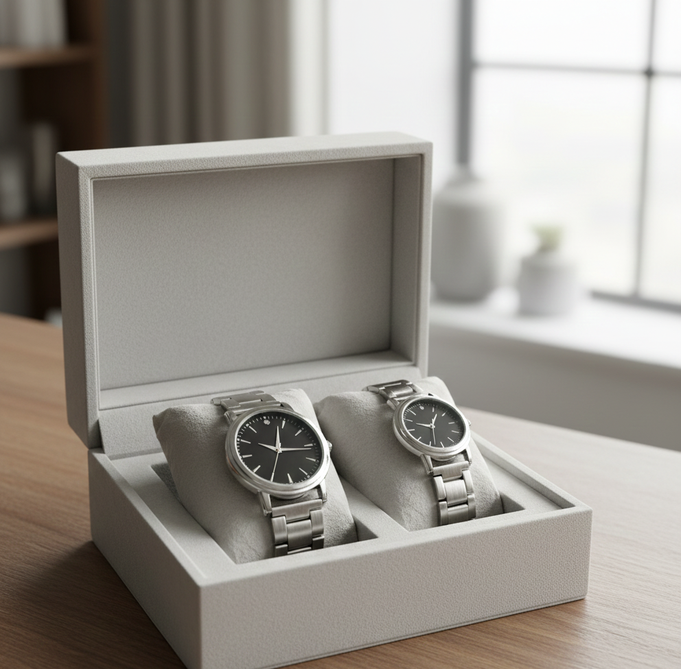 Classic His and Hers Couple Watch Set | Black Dial Silver-Tone Stainless Steel