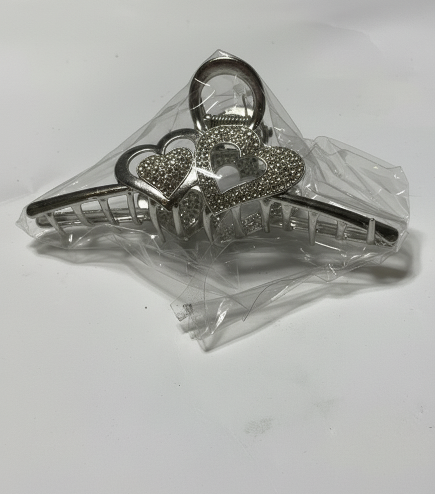 Silver Tone Metal Claw Clip with Sparkling Rhinestone Double Hearts | Large Grip Hair Accessory