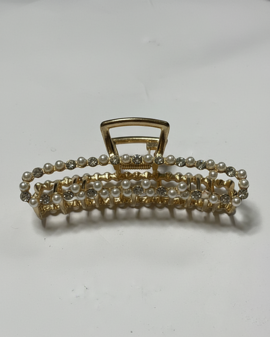 Elegant Gold Tone Pearl and Rhinestone Claw Clip for Women | Large Crystal Hair Jaw Clip