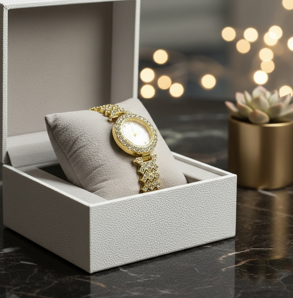 Glamorous Full Crystal Pave Gold Watch for Women | Unique Chevron/V-Pattern Bracelet