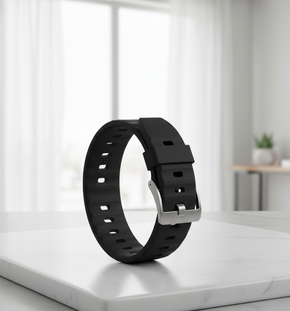 Black Silicone Sport Watch Band – Wave Ribbed Design, Breathable Rubber Strap with Stainless Steel Clasp, Smartwatch Compatible