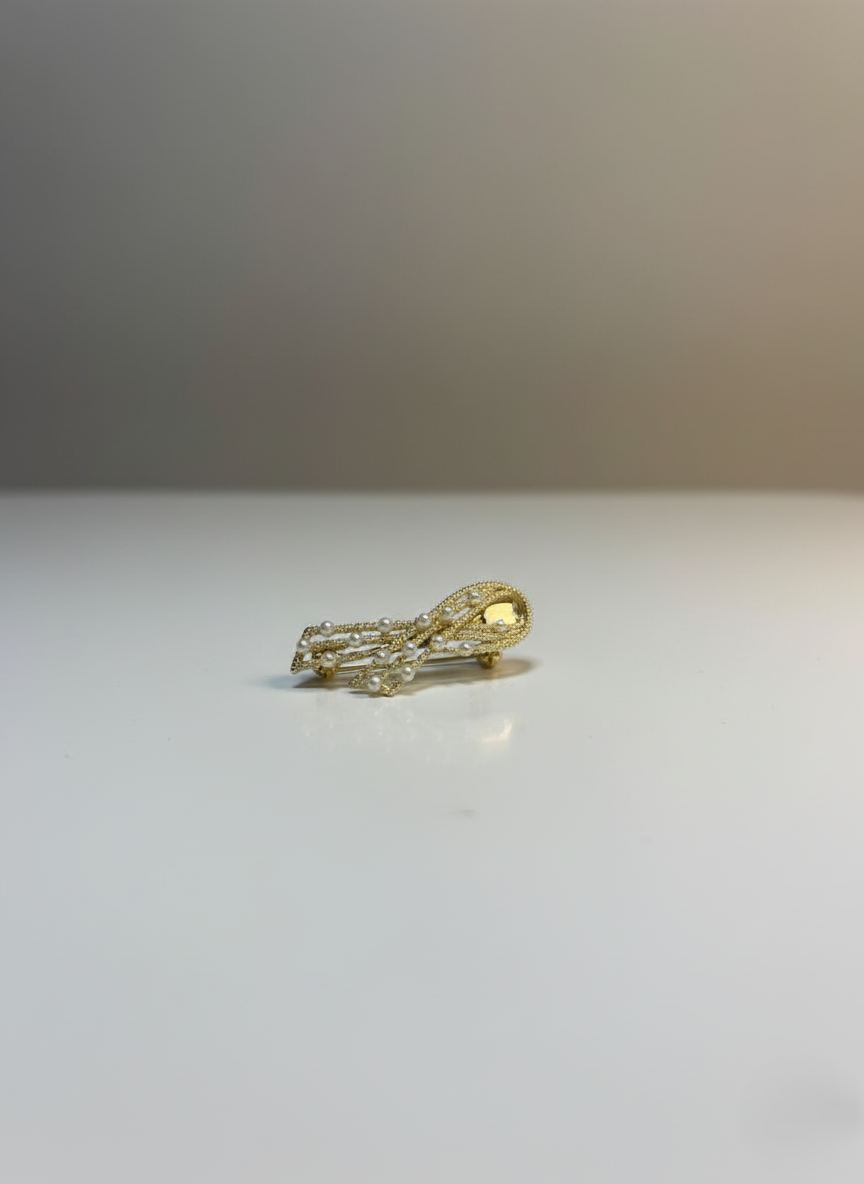 Elegant Pearl Bow Hair Clip Barrette | Gold Tone Crystal Bridal Accessory