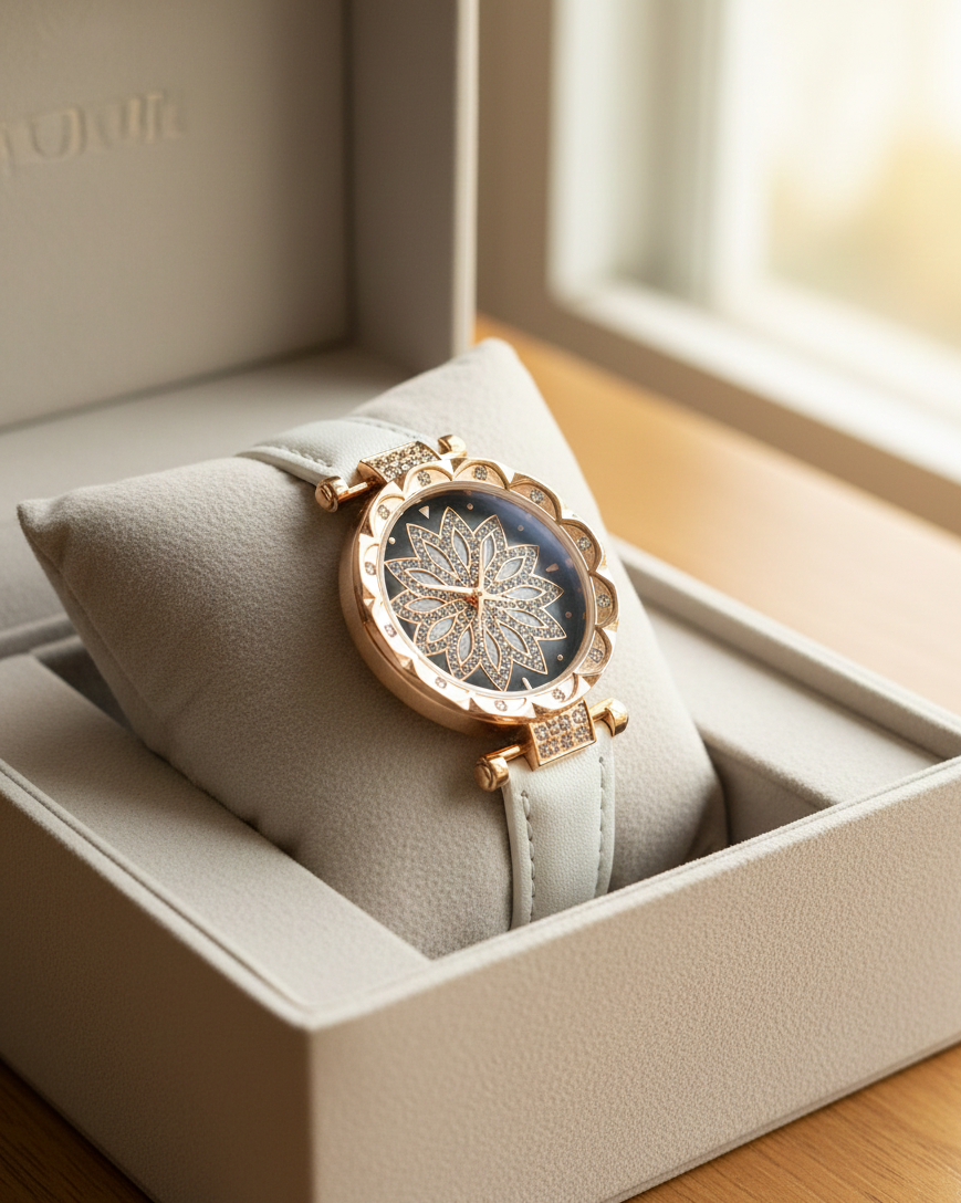 Luxurious Rose Gold Crystal Flower Watch | Full Rhinestone Pave Bracelet for Women