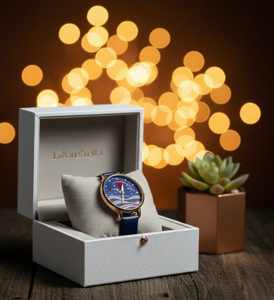 Unique Artistic Bridge Dial Watch | Navy Blue Strap & Rose Gold Case for Women