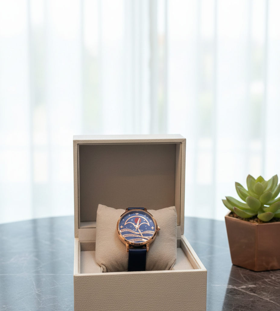 Unique Artistic Bridge Dial Watch | Navy Blue Strap & Rose Gold Case for Women