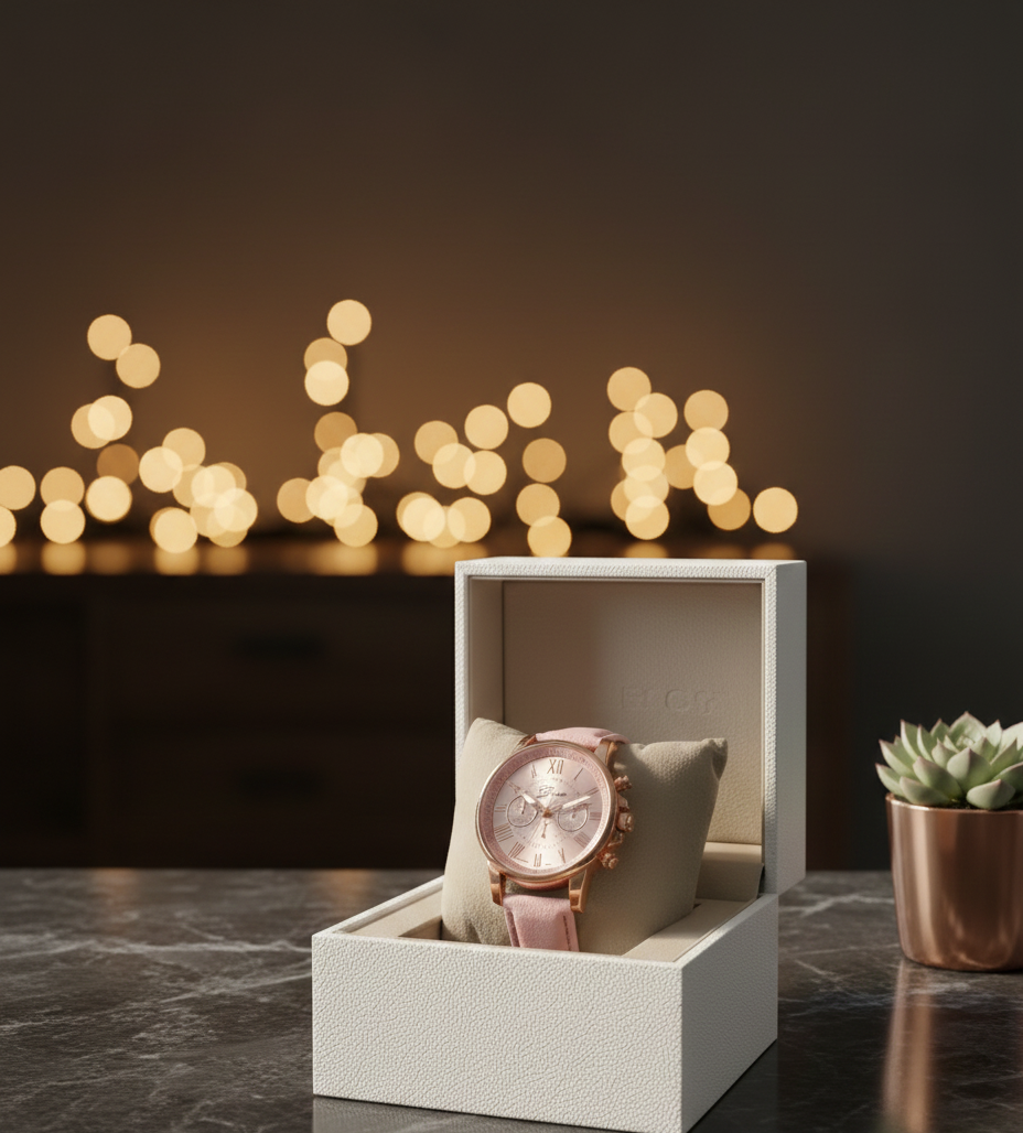 Feminine Pink Strap & Rose Gold Oversized Watch | Roman Numeral Chronograph Look