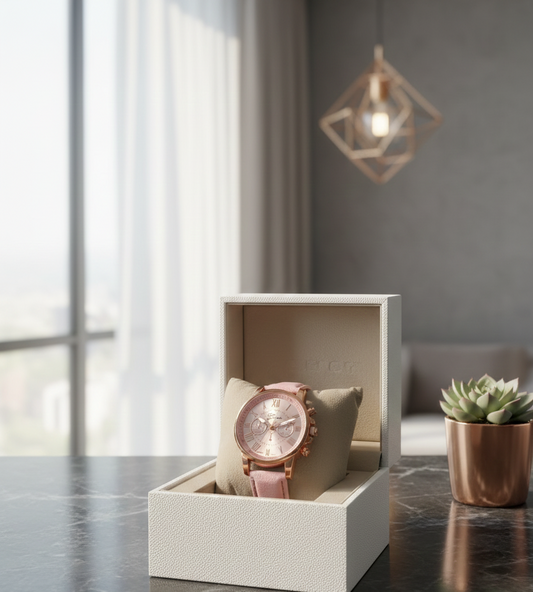 Feminine Pink Strap & Rose Gold Oversized Watch | Roman Numeral Chronograph Look
