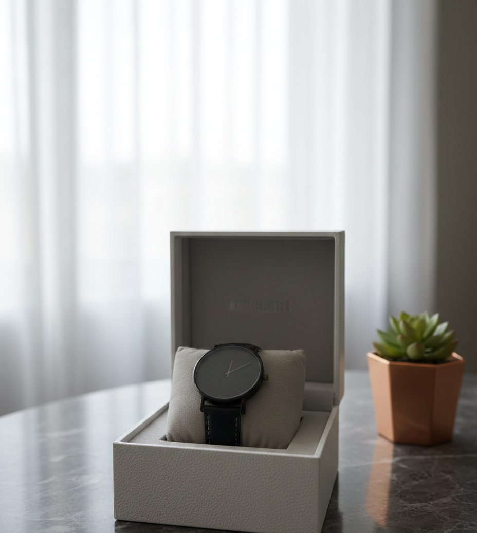 Ultra-Minimalist Black Dial Watch | Stealth No-Marker Design with Black Leather Strap
