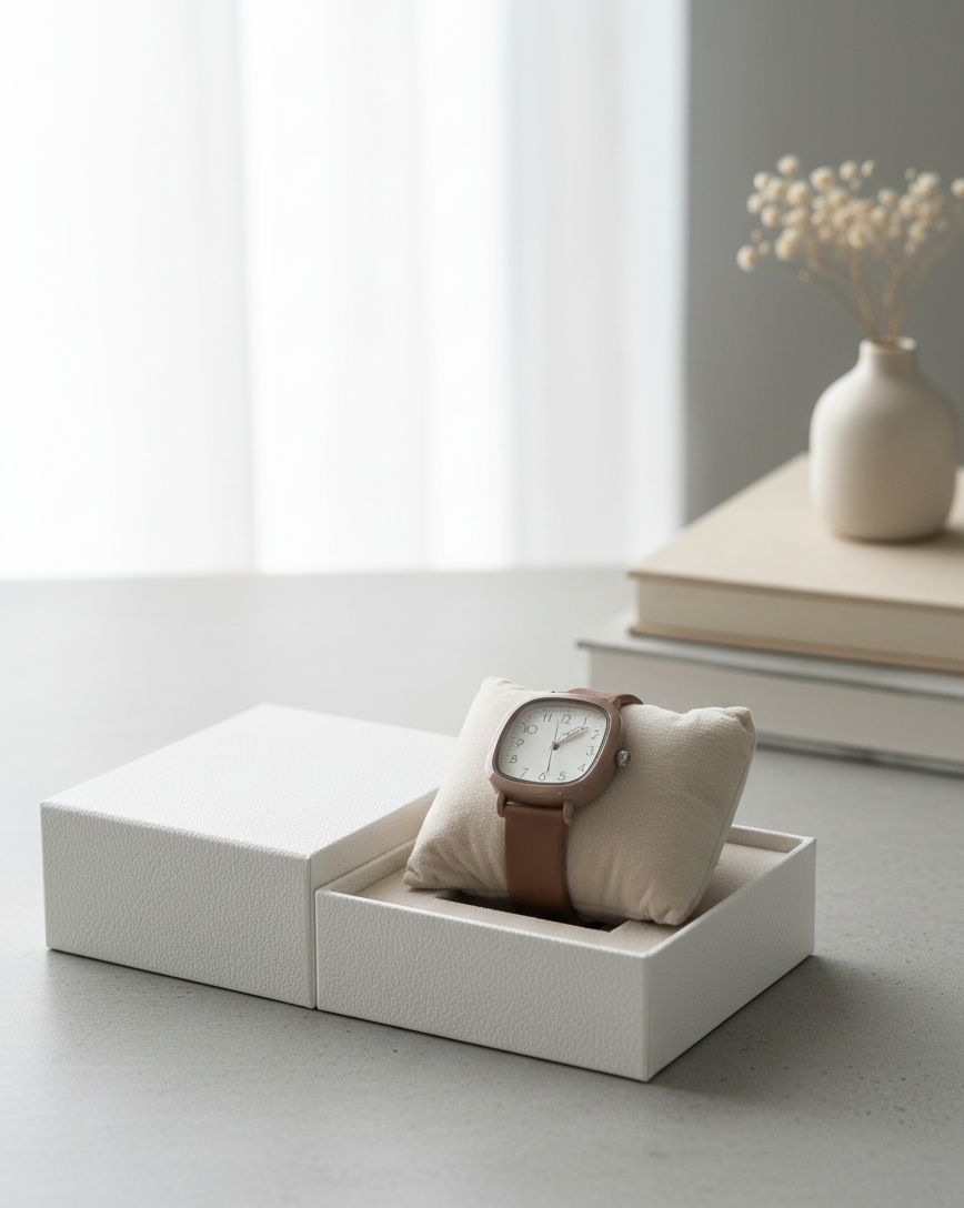 Trendy Retro Square/Cushion Case Watch | Terracotta Nude Strap & Minimalist Dial