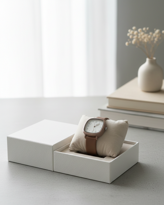 Trendy Retro Square/Cushion Case Watch | Terracotta Nude Strap & Minimalist Dial