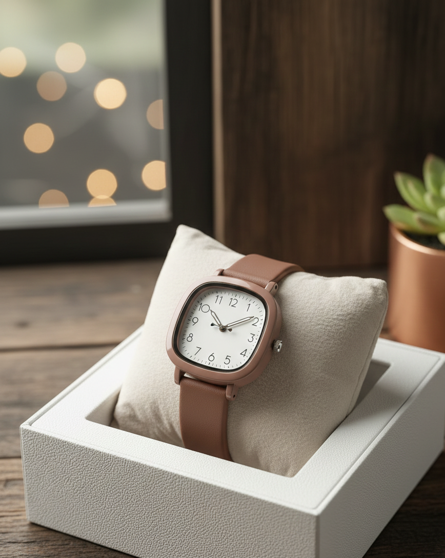 Trendy Retro Square/Cushion Case Watch | Terracotta Nude Strap & Minimalist Dial