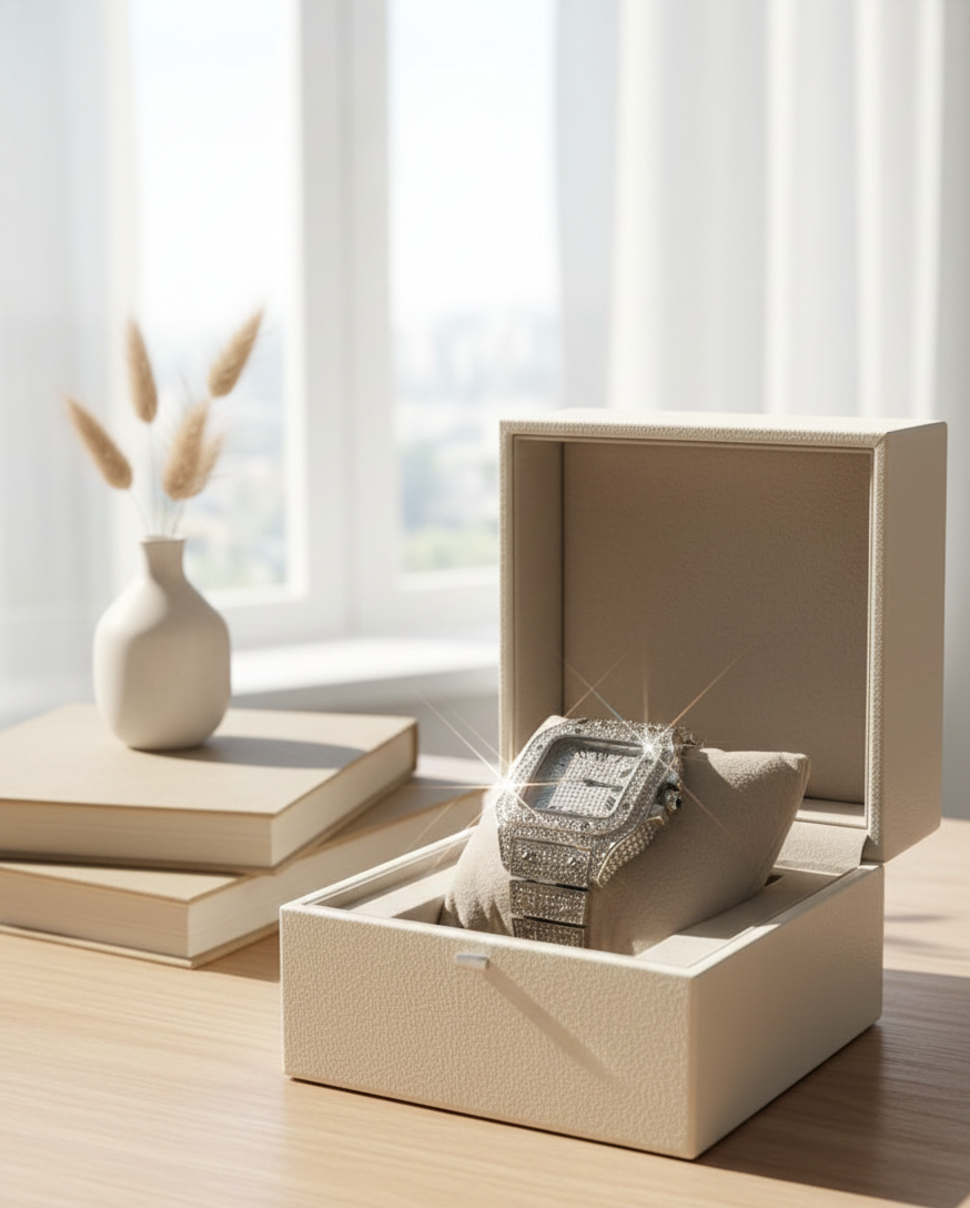 Luxury Square Full Crystal Pave Watch | "Iced-Out" Silver-Tone Roman Numeral Dial