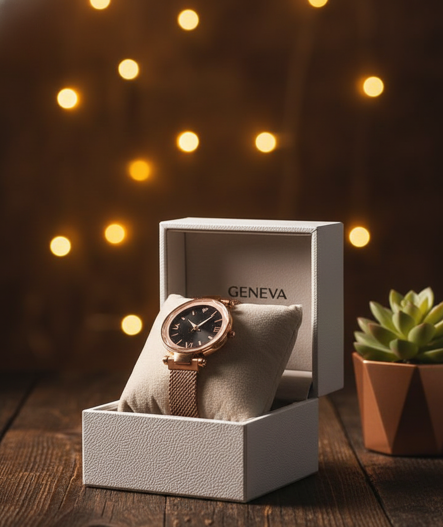 Women's Luxury Gold Tone Quartz Watch – Black Rhinestone Dial, Fashion Crystal Bezel, Black Faux Leather Strap Wristwatch