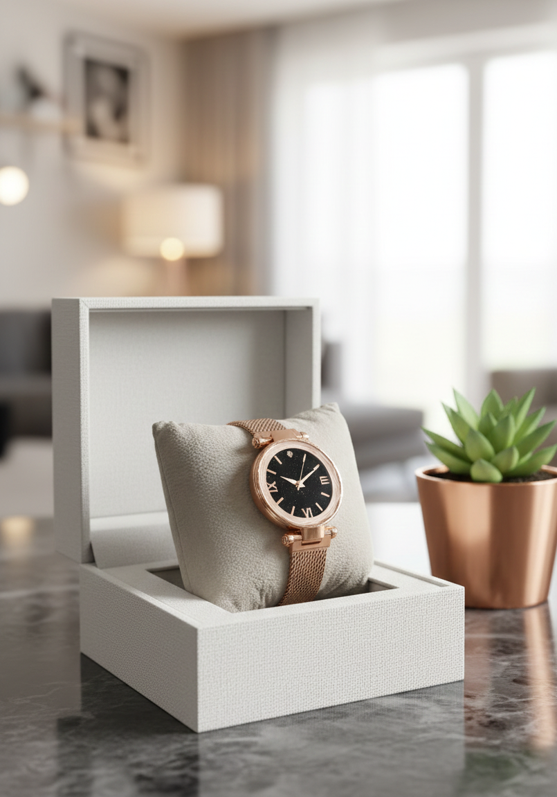 Luxury Women's Rose Gold Mesh Magnetic Watch - Black Dial with Roman Numerals