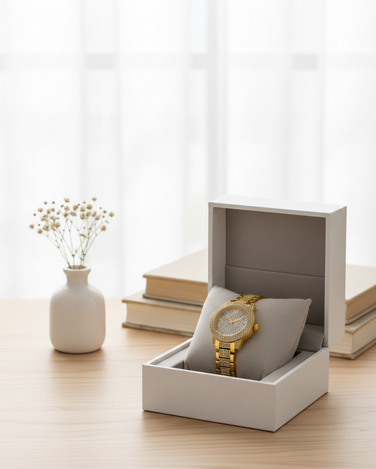 Oversized Gold-Tone Rhinestone Bezel Watch for Women | Chronograph Look Link Bracelet