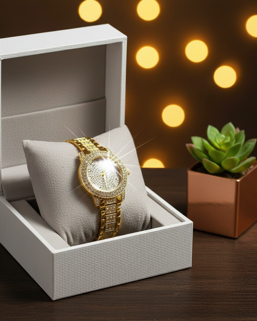 Oversized Gold-Tone Rhinestone Bezel Watch for Women | Chronograph Look Link Bracelet