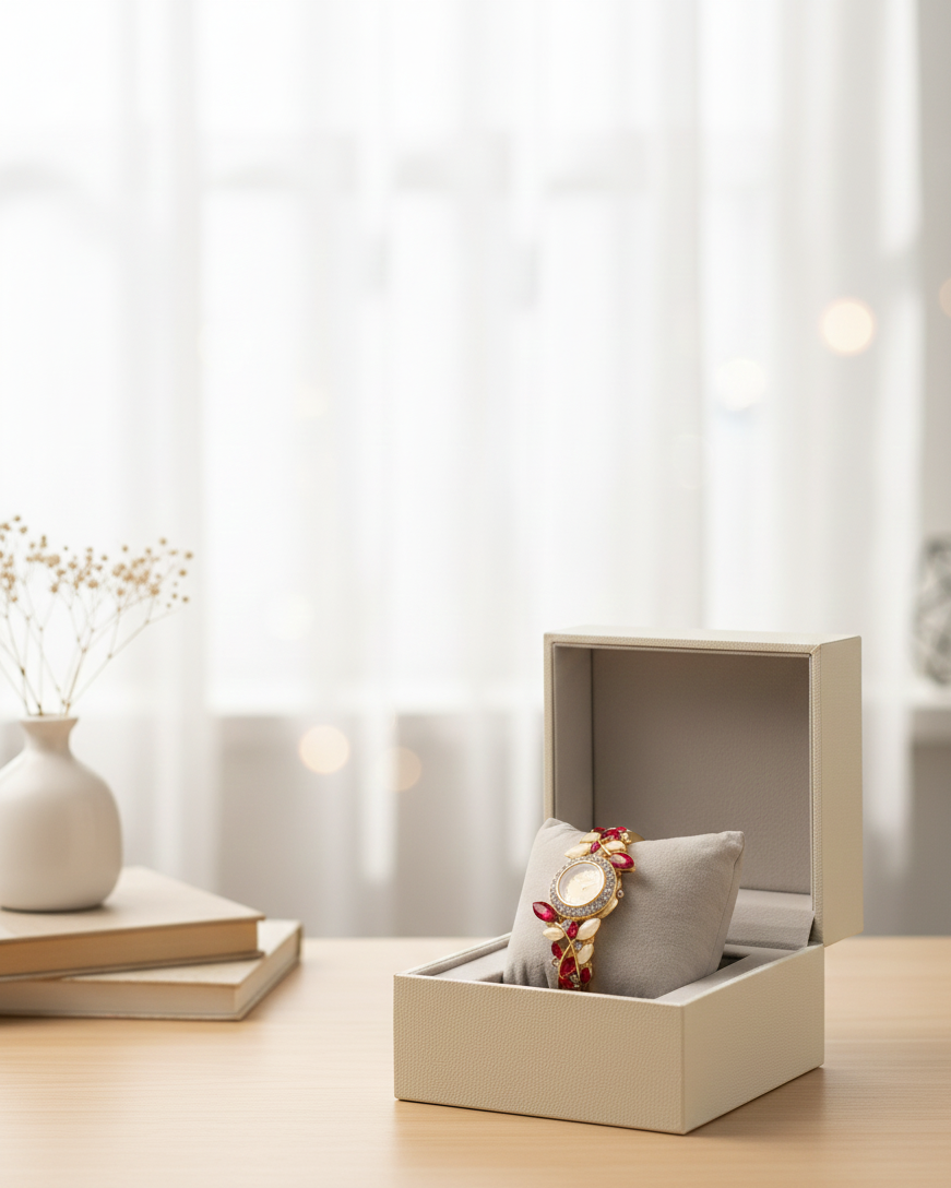 "Floral Rhinestone Cuff Watch - Red and White Enamel Leaf Design on Gold Tone Bracelet"