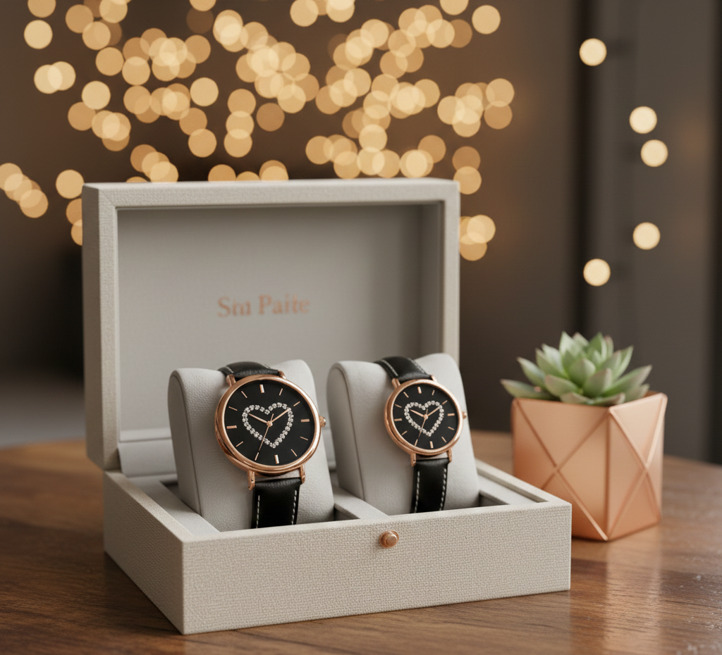 Romantic Couple's Watch Set - Gold Tone Heart Dial with Black Leather Straps (His and Hers / Large and Small)