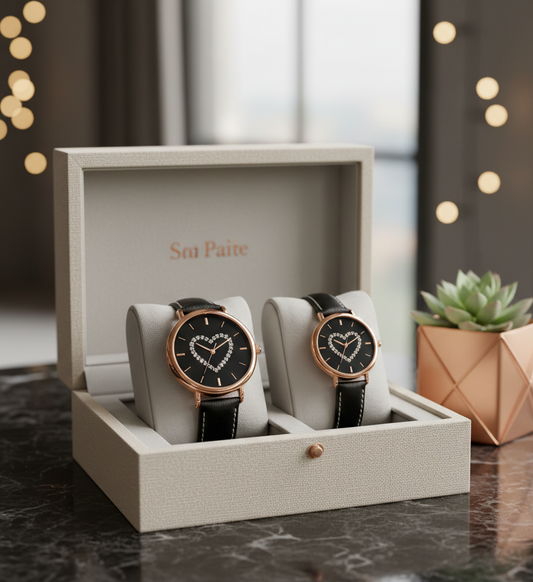 Romantic Couple's Watch Set - Gold Tone Heart Dial with Black Leather Straps (His and Hers / Large and Small)