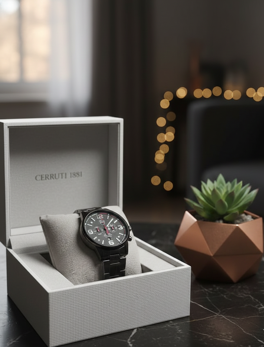 REYROS Men's Black Stainless Steel Chronograph Watch – Waterproof Sport Quartz Watch with Multi-Function Dial and Calendar Display