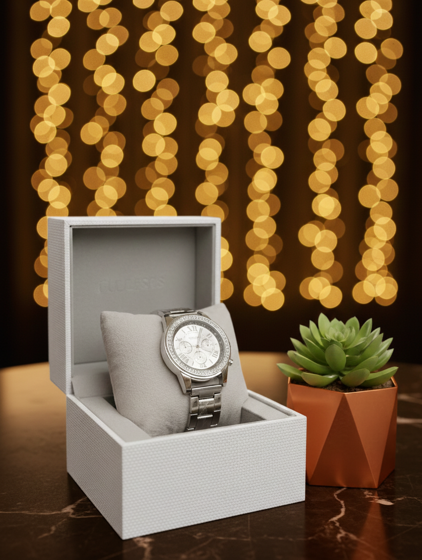 Elegant Silver-Tone Crystal Bezel Watch for Women | White Patterned Dial Link Bracelet