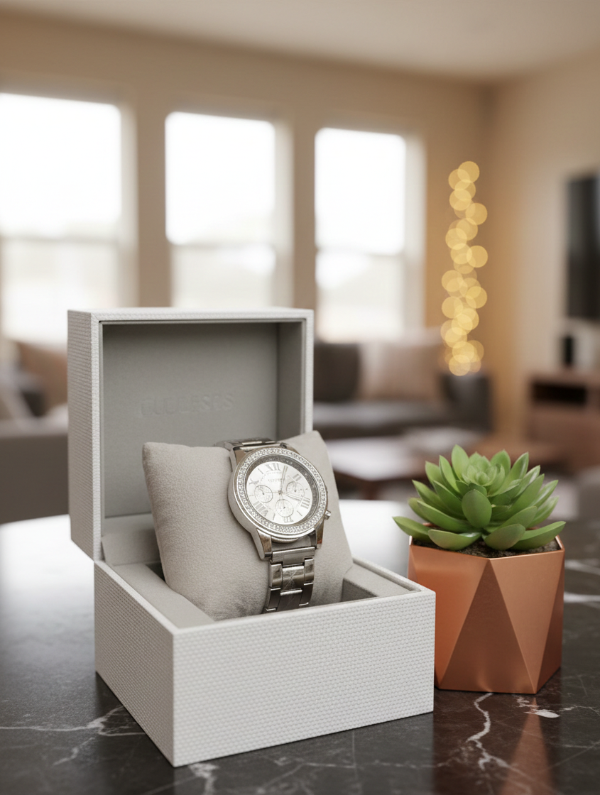 Elegant Silver-Tone Crystal Bezel Watch for Women | White Patterned Dial Link Bracelet