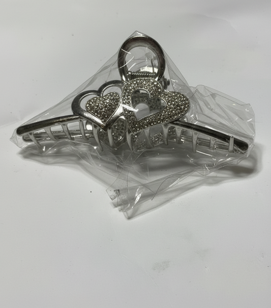 Silver Tone Metal Claw Clip with Sparkling Rhinestone Double Hearts | Large Grip Hair Accessory