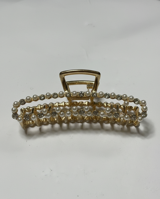 Elegant Gold Tone Pearl and Rhinestone Claw Clip for Women | Large Crystal Hair Jaw Clip