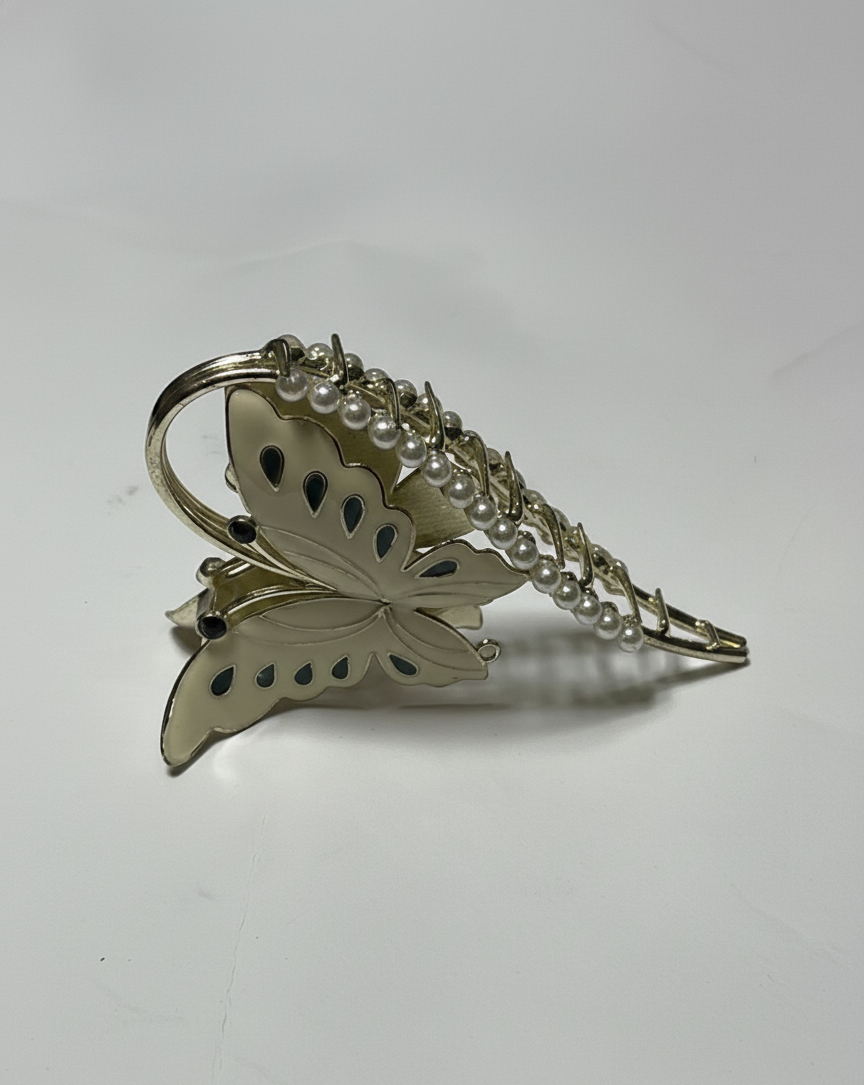 Elegant Butterfly Design Claw Clip with Faux Pearl Beading | Decorative Metal Hair Jaw Clip