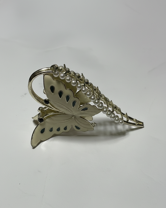 Elegant Butterfly Design Claw Clip with Faux Pearl Beading | Decorative Metal Hair Jaw Clip