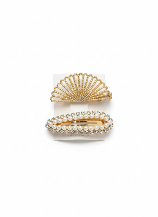 2-Pack Elegant Gold Tone Decorative Hair Clips Set | Faux Pearl, Rhinestone, & Fan Design Snap Clips