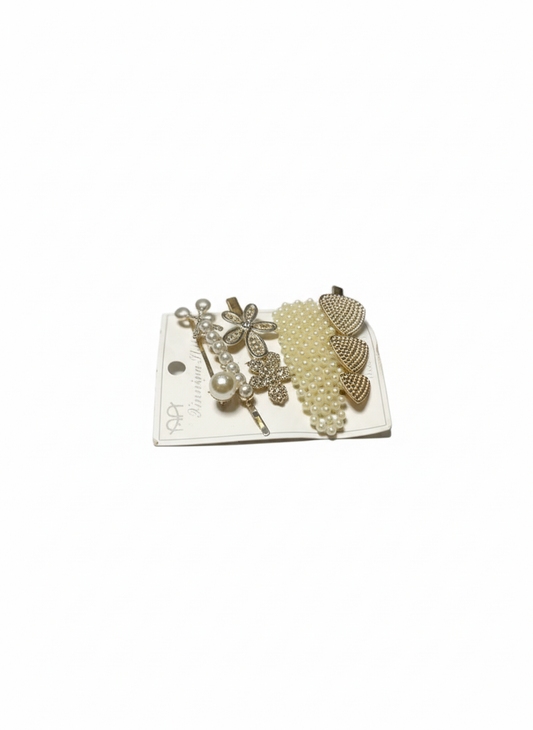 4-Pack Elegant Faux Pearl and Rhinestone Hair Clip Set | Decorative Flower & Heart Snap Clips