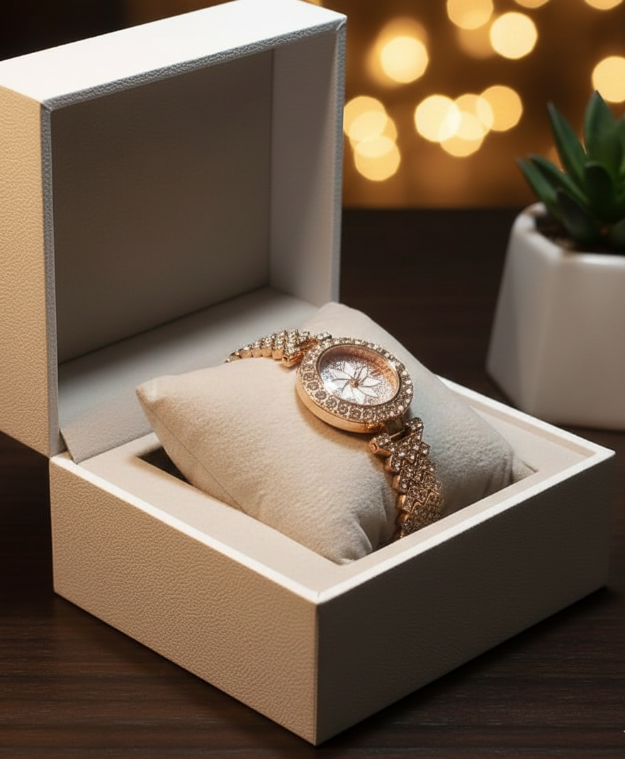 "Full Diamond Gold Tone Women's Wristwatch - Bling Pave Crystal Dial and Band"