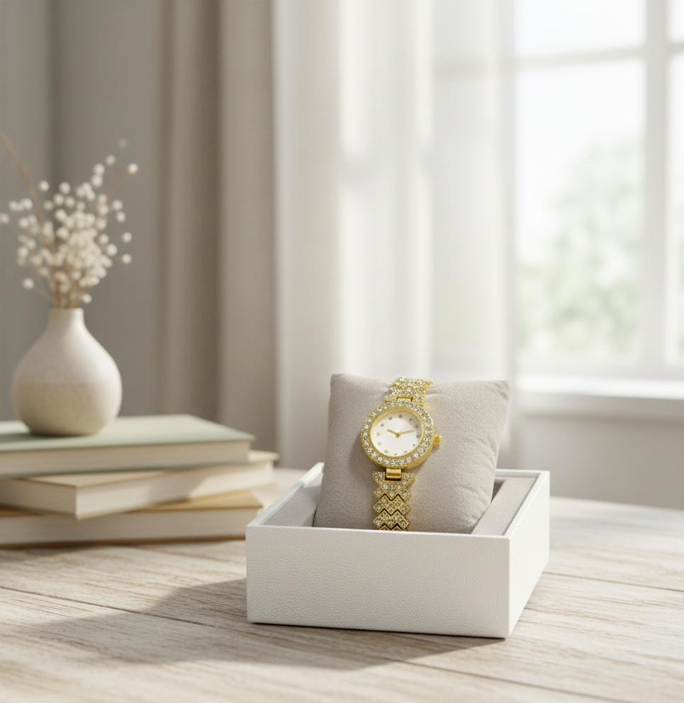 Glamorous Full Crystal Pave Gold Watch for Women | Unique Chevron/V-Pattern Bracelet