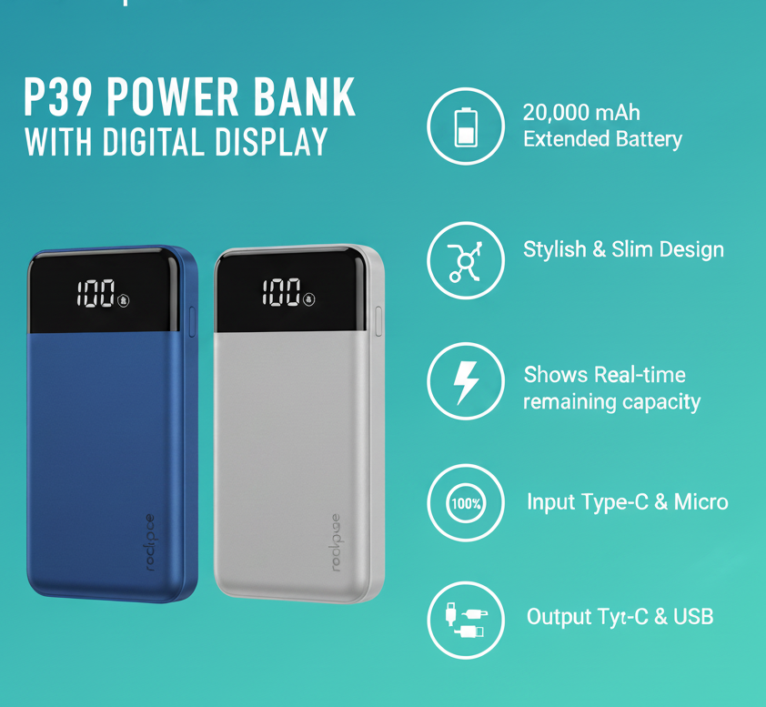P39 Power Bank – High Capacity Portable Charger | Digital Display & Fast Charging
