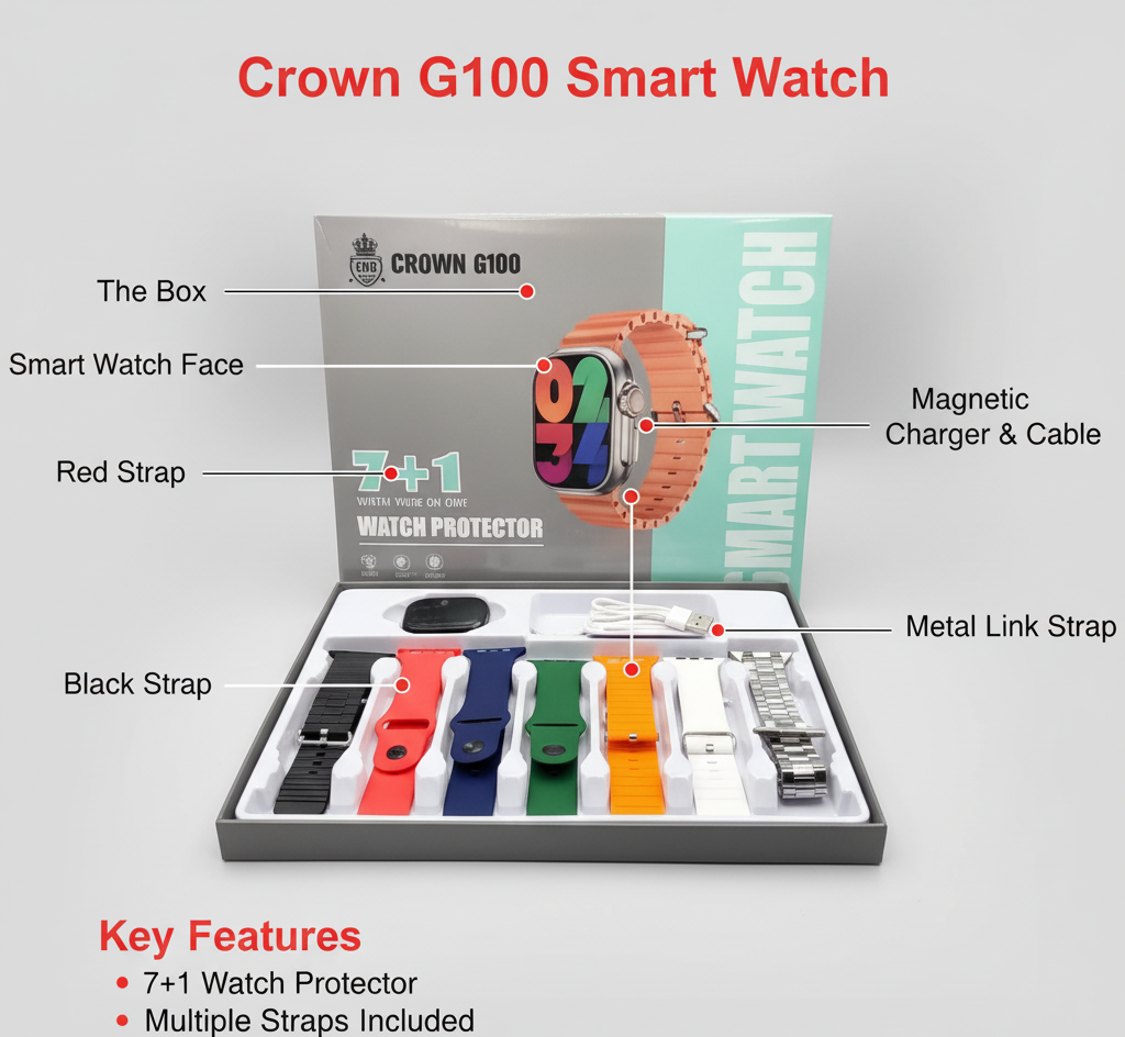 G100 Smart Watch – 7+1 Interchangeable Straps | Bluetooth Calling | Health Monitor